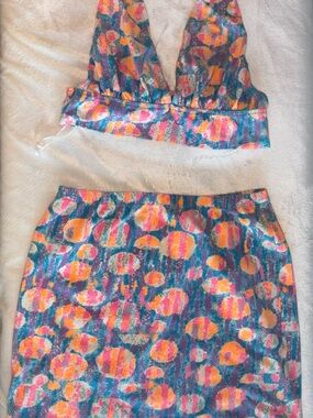Vacation ready Vibrant Multicolor Printed Skirt Set - Pink & Teal Two-Piece